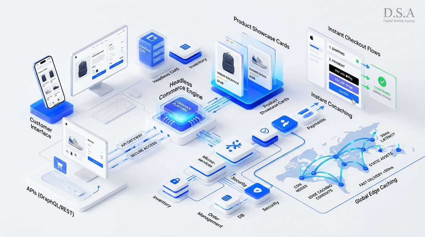 Clean white studio visualization of high-speed headless eCommerce architecture by Digital Startup Agency